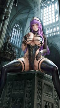 1girl architecture black_gloves black_panties black_thighhighs black_veil breasts commentary_request enya_murphy feet_out_of_frame gloves gold_trim gothic_architecture grabbing_own_breast huge_breasts indoors looking_at_viewer mr_xior nun panties pelvic_curtain purple_eyes see-through_clothes see-through_pelvic_curtain sitting snowbreak:_containment_zone solo spread_legs thighhighs underwear veil window