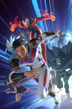 3girls 4boys aqua_bodysuit black_bodysuit black_cape black_dress black_eyes black_hair black_jacket bodysuit brown_jacket cape clenched_hands clenched_teeth comic_cover commentary cryokinesis dress english_commentary extra_tails eyepatch fire general_(marvel) gun-r_ii highres jacket lady_bright long_hair looking_at_viewer luna_snow marvel mr._enigma multicolored_hair multiple_boys multiple_girls muscular muscular_male official_art pyrokinesis robot scar scar_across_eye scar_on_face shiro_yoshida signature split-color_hair sunfire_(x-men) superhero_costume taegukgi_(marvel) teeth white_bodysuit white_fox_(marvel) white_hair white_mask yoon_junggeun