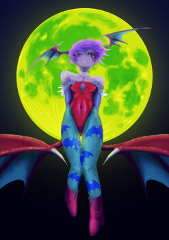 1girl absurdres animal_print bat_print bat_wings clothing_cutout commentary darkstalkers demon_girl diamond_cutout head_wings highres leotard lilith_(darkstalkers) nojob_hiro off-shoulder_leotard pantyhose print_pantyhose purple_hair short_hair solo wings