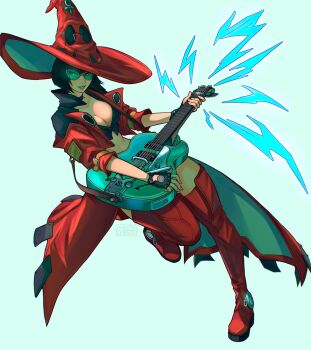 Rule 34 | 1girl, astrubalart, black hair, black shirt, bob cut, boots, breasts, cleavage, commentary, cropped jacket, electric guitar, english commentary, full body, glasses, guilty gear, guilty gear strive, guitar, hat, highres, holding, holding guitar, holding instrument, i-no, instrument, jacket, large breasts, looking at viewer, no mole, red boots, red jacket, shirt, short hair, simple background, solo, thigh boots, witch hat
