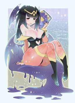 1girl arm_at_side artist_logo ass bare_shoulders black_boots black_eyes black_hair black_leotard blue_background book boots breasts collarbone cosplay covered_erect_nipples darkstalkers demon_girl demon_wings eyebrows_hidden_by_hair eyelashes female_focus fingernails fire_emblem fire_emblem_awakening full_body gradient_background grey_background hand_up head_wings holding holding_book huge_ass knees_up large_breasts leotard logo long_hair long_sleeves looking_at_viewer matching_hair/eyes morrigan_aensland morrigan_aensland_(cosplay) multicolored_leotard nail_polish nintendo off-shoulder_leotard off_shoulder orange_leotard orange_pantyhose pantyhose purple_nails simple_background sitting solo tharja_(fire_emblem) thighs two-tone_background two-tone_leotard two_side_up wide_hips wings y.o_(chuchu)