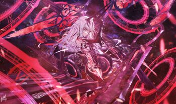 1girl absurdres bare_shoulders black_panties body_markings breasts dragon_wings fate/grand_order fate_(series) forked_eyebrows highres long_hair looking_at_viewer melusine_(fate) melusine_(red_hot_deviation)_(fate) panties reluvy revealing_clothes sidelocks small_breasts solo tail underwear weapon white_hair wings yellow_eyes