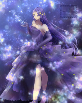 1girl ankle_ribbon artist_name bare_legs bare_shoulders breasts cleavage closed_mouth commentary_request dress elbow_gloves expressionless foot_out_of_frame forehead frilled_dress frills gloves gown hair_ornament high_heels highres jewelry knees lace lace-trimmed_gloves lace_trim leg_ribbon light_particles lipstick long_dress long_hair looking_ahead maika_(ma1ka8787) makeup medium_breasts miracle_nikki necklace night nikki_(series) outdoors outstretched_hand partial_commentary print_dress purple_dress purple_eyes purple_gloves purple_hair purple_ribbon purple_shoes purple_theme red_lips ribbon shoes sidelocks skirt_hold sky solo standing star_(sky) star_(symbol) star_hair_ornament star_necklace star_print star_sea_(nikki) starry_sky straight_hair tareme very_long_hair watermark