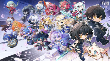 3boys 6+girls abby_(wuthering_waves) absurdres ahoge aqua_eyes augusta_(wuthering_waves) bandage_over_one_eye black_dress black_hair black_horns black_jacket black_pants blonde_hair blue_eyes blue_hair bow brant_(wuthering_waves) buling_(wuthering_waves) cantarella_(wuthering_waves) carlotta_(wuthering_waves) cartethyia_(wuthering_waves) chibi chibi_only ciaccona_(wuthering_waves) closed_mouth crossed_legs crown_of_thorns dress dual_persona everyone female_rover_(wuthering_waves) galbrena_(wuthering_waves) grey_hair hair_between_eyes hair_bow hat headgear highres holding holding_polearm holding_sword holding_weapon horns iuno_(wuthering_waves) jacket laurel_crown logo long_hair looking_at_viewer lupa_(wuthering_waves) male_rover_(wuthering_waves) missing_commentary multiple_boys multiple_girls official_art pants pero_(wuthering_waves) phoebe_(wuthering_waves) phrolova_(wuthering_waves) pink_bow pink_hair polearm ponytail purple_hair qiuyuan_(wuthering_waves) red_dress roccia_(wuthering_waves) rover_(wuthering_waves) smile sword tree_horns tricorne twintails weapon white_dress white_hat wuthering_waves yellow_eyes zani_(wuthering_waves)
