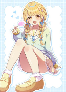 1girl ass bare_legs blonde_hair blue_neckerchief blue_ribbon blush bobby_socks braid candy cardigan commentary convenient_leg fang fingernails food fujita_kotone full_body gakuen_idolmaster gradient_clothes hair_ribbon heart holding holding_candy holding_food holding_lollipop idolmaster knees_up lollipop long_hair long_sleeves looking_at_viewer miniskirt neckerchief ribbon sakura_ran school_uniform serafuku shirt shoes sitting skin_fang skirt smile socks solo symbol-only_commentary twin_braids white_shirt white_socks yellow_eyes yellow_shoes yellow_skirt