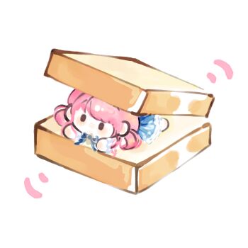 Rule 34 | 1girl, barefoot, blue bow, blue bowtie, blue dress, bow, bowtie, brooch, brown eyes, bubble print, bubbly voyage (infinity nikki), chibi, chinese commentary, commentary request, dress, fengmi youzi hua, food, frilled dress, frilled wrist cuffs, frills, hair rings, highres, infinity nikki, jewelry, light blush, long dress, looking ahead, lying, motion lines, nikki (nikki), nikki (series), no mouth, on stomach, pink hair, pleated dress, print dress, sandwich, short hair with long locks, sidelocks, simple background, solid oval eyes, solo, white background, white wrist cuffs, wrist cuffs