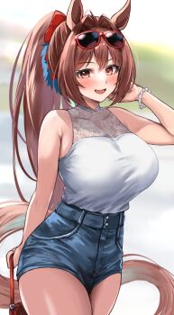 1girl animal_ears bad_source bag bare_arms bare_shoulders belt black_belt blue_shorts blush bracelet breasts brown_eyes brown_hair brown_tail cowboy_shot daiwa_scarlet_(umamusume) eyewear_on_head hair_intakes high-waist_shorts highres holding holding_bag horse_ears horse_girl horse_tail jewelry large_breasts long_hair looking_at_viewer open_mouth ponytail red-framed_eyewear red_bag sg_(esujii) shirt shirt_tucked_in short_shorts shorts sleeveless sleeveless_shirt smile solo sunglasses tail umamusume white_shirt