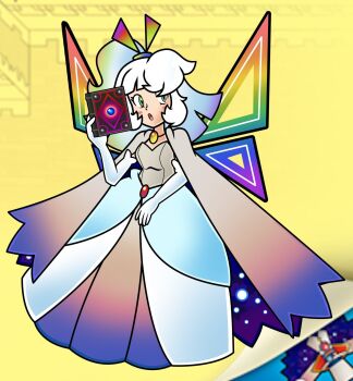 1boy 1girl book commentary count_bleck dress english_commentary green_eyes highres holding holding_book humanization jewelry kyurushifter mario_(series) medium_hair nintendo paper_mario pendant ponytail rainbow_wings super_paper_mario tippi_(paper_mario) white_dress white_hair yellow_background