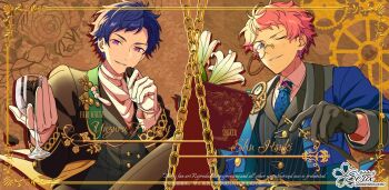 Rule 34 | 2boys, artist name, black gloves, blue necktie, buttons, chain, character name, chocolate, choker, clenched teeth, collared shirt, commentary request, cup, drinking glass, ensemble stars!, escape mansion (ensemble stars!), floral background, food, fushimi yuzuru, gears, gloves, hand up, highres, holding, holding chocolate, holding cup, holding food, itsuki shu, kagehira wa doko ka ne!, lapels, layered clothes, long sleeves, looking at viewer, male focus, monocle, multiple boys, necktie, official alternate costume, one eye closed, purple eyes, seeker (ensemble stars!), shirt, short bangs, short hair, smile, teeth, twitter username, upper body, watermark, white choker, white gloves, wine glass