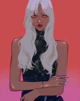 1girl blackpink bracelet brinnie_bun closed_mouth gradient_background hashtag-only_commentary highres jewelry lisa_(blackpink) long_hair looking_at_viewer makeup mascara mole pink_eyes red_lips ring sleeveless solo turtleneck upper_body watermark white_hair white_nails