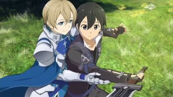 2boys armor black_eyes black_gloves black_hair blue_eyes brown_hair collarbone eugeo gloves kirito lying multiple_boys official_art on_side short_hair smile sword sword_art_online sword_art_online:_hollow_realization weapon