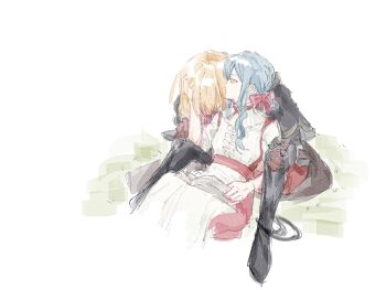 2girls aver_(yumenokessho) bang_dream! bang_dream!_it&#039;s_mygo!!!!! between_legs black_boots blonde_hair blue_hair book boots center_frills chinese_commentary chiori000 commentary_request doloris_(bang_dream!) frills hand_in_another&#039;s_hair highres long_hair misumi_uika multiple_girls open_book shirt sidelocks simple_background sitting sweets_paradise thigh_boots togawa_sakiko white_background white_shirt yellow_eyes yumenokessho yuri