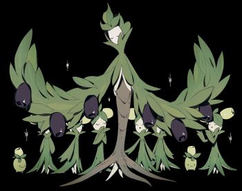 ^_^ arboliva black_background closed_eyes closed_mouth dolliv evolutionary_line higa423 highres nintendo no_humans o_o pokemon pokemon_(creature) simple_background smoliv standing u_u