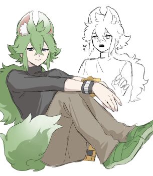 1boy animal_ear_fluff animal_ears arm_rest arms_on_knees black_shirt brown_pants commentary crossed_bangs extra_ears fangs flipped_hair fluffy_hair from_side full_body green_hair green_shoes grey_eyes hair_between_eyes highres knees_up long_hair looking_at_viewer male_focus n_(pokemon) nintendo open_mouth pants pokemon pokemon_bw pom_107 shirt shoes simple_background sitting sketch_inset solo tail three-quarter_sleeves toes_up turtleneck turtleneck_shirt void_cube white_background wristband