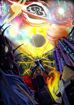 Rule 34 | 1other, black hole, blood, building, bulalodasoup, commentary, english commentary, highres, humanoid robot, mechanical wings, nuclear weapon, planet, pool of blood, pyramid (geometry), robot, saturn (planet), skyscraper, sparkle, standing, tombstone, tree, ultrakill, v1 (ultrakill), wings