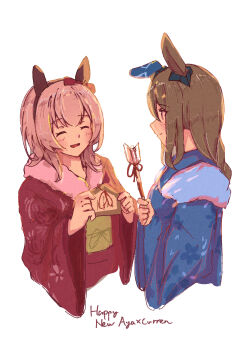 2girls absurdres admire_vega_(umamusume) animal_ears arrow_(projectile) b0tam0chi3 black_hairband blue_kimono blush bow brown_hair closed_eyes closed_mouth commentary_request curren_chan_(umamusume) ear_bow ear_covers ema floral_print floral_print_kimono grey_hair hair_between_eyes hairband hamaya happy_new_year highres holding holding_arrow holding_ema horse_ears horse_girl japanese_clothes kimono long_hair long_sleeves multiple_girls new_year obi open_mouth print_kimono red_bow red_kimono sash short_hair simple_background single_ear_cover smile umamusume white_background