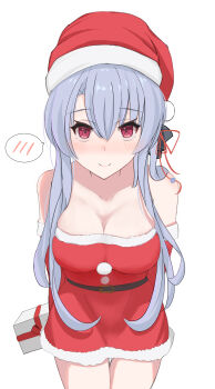 1girl absurdres alternate_costume arms_behind_back bare_shoulders belt black_belt black_bow blue_hair blush bow box breasts cleavage closed_mouth collarbone commentary cowboy_shot deep_skin dress elbow_gloves eyes_visible_through_hair fur-trimmed_dress fur-trimmed_gloves fur-trimmed_headwear fur_trim gift gift_box gloves hair_between_eyes hair_bow hair_over_shoulder hair_ribbon hat highres holding holding_gift large_breasts long_hair looking_at_viewer red_dress red_eyes red_gloves red_hat red_ribbon ribbon santa_costume santa_dress santa_hat short_dress shy sidelocks simple_background smile solo sorakado_ao soutaru3454 speech_bubble split_mouth spoken_blush straight-on strapless strapless_dress summer_pockets thigh_gap upturned_eyes very_long_hair white_background