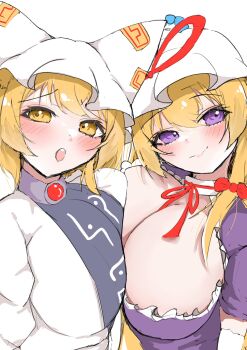 2girls animal_ears animal_hat blonde_hair blue_tabard blush breast_press breasts choker cleavage closed_mouth commentary dock dress fox_ears frills hair_between_eyes hair_ornament hair_ribbon hat hat_ribbon highres huge_breasts kitsune looking_at_viewer mob_cap multiple_girls neck_ribbon open_mouth perfect_cherry_blossom purple_dress purple_eyes regua ribbon short_hair simple_background smile symmetrical_docking tabard touhou upper_body white_background yakumo_ran yakumo_yukari yellow_eyes