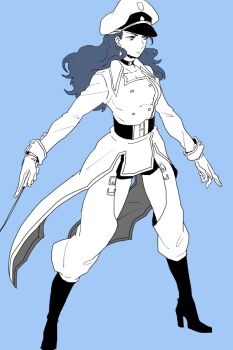 1girl alternate_costume bad_id bad_pixiv_id blue_background blue_theme boots female_focus genderswap genderswap_(mtf) gloves hat high_heel_boots high_heels jojo_no_kimyou_na_bouken kuujou_joutarou military military_hat military_uniform monochrome otyaume_1910 peaked_cap riding_crop shoes simple_background solo switch