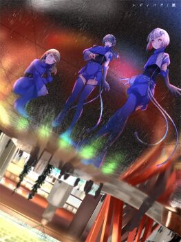 3girls asymmetrical_legwear blue_eyes blue_hair blue_shorts blue_theme brown_hair commentary_request different_reflection dollchestra highres ishikawa_prefecture kachimachi_kosuzu kanazawa_(city) kanazawa_station ladybug/beauty_(love_live!) link!_like!_love_live! looking_at_viewer love_live! multiple_girls murano_sayaka official_alternate_costume orange_eyes outdoors pink_eyes rain red_hair reflection reflection_focus sakari_(pear_8_ll) short_shorts shorts single_leg_pantyhose single_thighhigh thighhighs uneven_legwear virtual_youtuber white_hair yugiri_tsuzuri
