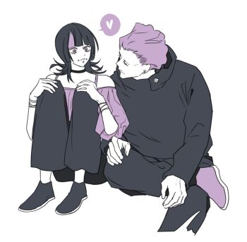 1boy 1girl androgynous black_hair black_jacket blunt_bangs bracelet cheek_piercing earrings face_piercing facial_hair full_body hakari_kinji heart hoshi_kirara jacket jewelry jujutsu_kaisen lip_piercing male_to_female medium_hair multicolored_hair mustache_stubble piercing purple_hair simple_background sitting spoken_heart star-shaped_pupils star_(symbol) streaked_hair stubble symbol-shaped_pupils transgender white_background yuz46