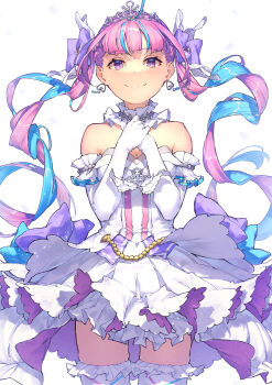 Rule 34 | 1girl, absurdres, anchor symbol, aqua hair, bare shoulders, blue streaks, breasts, commentary, dot nose, dress, elbow gloves, frills, gloves, hair ornament, highres, hololive, jewelry, light blush, long hair, looking at viewer, minato aqua, minato aqua (aqua iro super dream), multicolored hair, official alternate costume, pink hair, pointy ears, purple eyes, shiloroshi, simple background, smile, streaked hair, tiara, twintails, virtual youtuber, white dress, white gloves