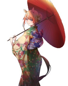 1girl absurdres alternate_costume animal_ears back_bow blue_eyes blush bow closed_mouth commentary_request floral_print floral_print_kimono green_kimono hair_bun highres holding holding_umbrella horse_ears horse_girl horse_tail japanese_clothes kimono multicolored_kimono nyampasu3939 orange_hair print_kimono purple_bow purple_sash red_umbrella sash silence_suzuka_(umamusume) smile solo tail umamusume umbrella yellow_kimono