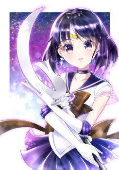 1girl back_bow bishoujo_senshi_sailor_moon black_hair bob_cut bow brooch brown_bow choker circlet collarbone cowboy_shot earrings elbow_gloves gloves heart heart_brooch itsuki_(flyingpot) jewelry light_particles looking_at_viewer magical_girl parted_lips pleated_skirt purple_background purple_choker purple_eyes purple_sailor_collar purple_skirt sailor_collar sailor_saturn sailor_senshi_uniform short_hair silence_glaive skirt solo standing star_(symbol) star_choker super_sailor_saturn tomoe_hotaru white_gloves