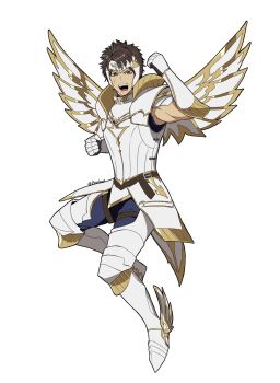 1boy armor blue_pants brown_eyes brown_hair clenched_hands commentary_request cross_scar facial_scar floating full_body gold_trim highres igusaharu male_focus mask open_mouth pants pauldrons scar scar_on_cheek scar_on_face shin_sangoku_musou shin_sangoku_musou_origins shoes short_hair shoulder_armor smile solo twitter_username white_armor white_background winged_shoes wings yue_jin_(shin_sangoku_musou)