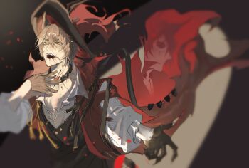 1boy absurdres animal_ears arknights black_gloves black_hat black_ribbon black_vest blood blood_from_mouth brown_hair cape cat_boy cat_ears cavalier_hat chinese_commentary collarbone domino_mask double_exposure eye_mask falling_petals fangs from_above gloves hair_between_eyes hair_ornament hand_on_own_chest hat hat_feather highres infection_monitor_(arknights) long_sleeves looking_up male_focus mask masked material_growth official_alternate_costume open_collar open_hand open_mouth oripathy_lesion_(arknights) petals phantom_(arknights) phantom_(focus)_(arknights) puffy_long_sleeves puffy_sleeves red_cape red_petals ribbon rose_petals shirt shiwu_ye_ying short_hair slit_pupils solo spotlight stage standing tassel teeth torn_cape torn_clothes upper_body upper_teeth_only vest white_shirt wing_collar yellow_eyes