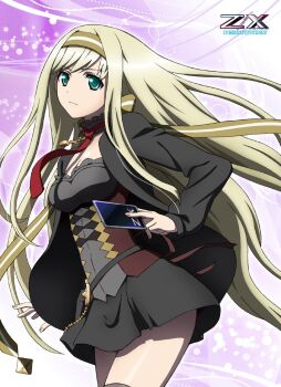 bad_tag belt belt_pouch black_skirt black_thighhighs blonde_hair boots emerald_eye hairband highres kamiyugi_ayase long_boots long_hair long_sleeves miniskirt necktie non-web_source pleated_skirt pouch red_necktie skirt thighhighs z/x z/x_ignition