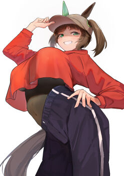 1girl absurdres amepa_(ame_pinecandy) animal_ears arched_back bodystocking breasts brown_hair commentary covered_navel crop_top crop_top_overhang cropped_hoodie from_below green_eyes hand_on_headwear hat highres hood hoodie horse_ears horse_girl horse_tail ines_fujin_(umamusume) large_breasts long_sleeves looking_at_viewer midriff pants perky_breasts red_shirt revision shaded_face shirt short_hair side_ponytail smile solo sportswear stomach tail teeth track_pants umamusume underboob