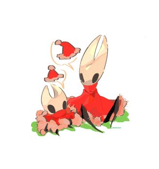 2girls aged_down arthropod_girl artist_name black_eyes chinese_commentary cloak clone commentary_request full_body fur-trimmed_headwear fur_trim hat highres hightguy hollow_knight hollow_knight:_silksong hornet_(hollow_knight) horns looking_at_another multiple_girls pom_pom_(clothes) red_cloak red_hat santa_hat simple_background sitting speech_bubble spoken_object white_background