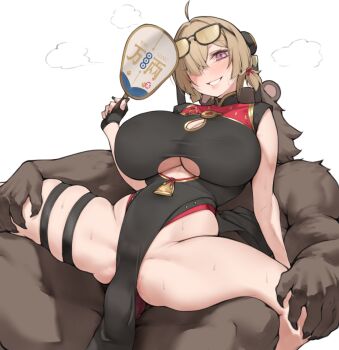 1boy 1girl aster_crowley bare_shoulders bestiality blush breasts brown_hair china_dress chinese_clothes dress eyewear_on_head large_breasts penis penis_peek purple_eyes sex sunglasses sweety_(zenless_zone_zero) zenless_zone_zero