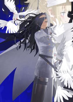 Rule 34 | 2girls, absurdres, ascot, bird, black hair, blonde hair, blue eyes, closed mouth, cowboy shot, eyepatch, gloves, grey eyes, half-closed eyes, hand up, highres, holding, holding sword, holding weapon, jacket, jin yu0810, knife sheath, long hair, looking ahead, looking at viewer, mole, mole under mouth, multiple girls, original, profile, revision, scabbard, sheath, sidelocks, sword, weapon, white ascot, white bird, white gloves, white jacket