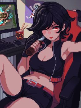 1girl armpits black_gloves black_hair breasts chair cleavage commentary_request computer_keyboard computer_mouse fingerless_gloves gaming_chair gloves highres indoors jacket kari_kozhevnikova large_breasts looking_at_viewer midriff navel one_eye_closed open_clothes open_jacket open_mouth pixel_art red_eyes short_hair sitting sleeveless sleeveless_jacket solo swivel_chair yumykon yumyverse