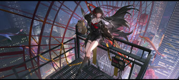 1girl absurdres black_choker black_hair black_jacket black_serafuku black_shirt black_skirt chisa_(wuthering_waves) choker ferris_wheel hair_ribbon high_up highres holding holding_behind_back holding_sword holding_sword_behind_back holding_weapon holding_weapon_behind_back jacket long_sleeves namipon_(wuthering_waves) neckerchief night red_eyes red_neckerchief red_ribbon ribbon sailor_collar school_uniform serafuku shirt skirt solo swd3e2 sword thigh_strap thighs weapon white_sailor_collar wind wuthering_waves