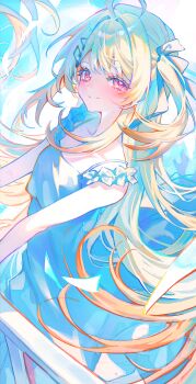 1girl absurdres alternate_costume blonde_hair blue_dress closed_mouth commentary_request dress feet_out_of_frame fortissimo from_side hair_ornament hair_ribbon highres hololive hololive_dev_is korean_commentary long_hair long_sidelocks looking_at_viewer looking_to_the_side musical_note musical_note_hair_ornament otonose_kanade pink_eyes ribbon sidelocks sleeveless sleeveless_dress smile solo someang turning_head two_side_up virtual_youtuber