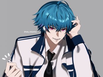 Rule 34 | 1boy, black necktie, blue hair, brant (wuthering waves), commentary, earphones, earrings, grey background, hair between eyes, highres, holding, holding earphones, jacket, jewelry, long sleeves, looking at viewer, male focus, necktie, open mouth, pink eyes, sae naiyatsu, shirt, short hair, simple background, single earphone removed, smile, solo, symbol-only commentary, twitter username, upper body, white jacket, white shirt, wuthering waves