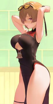 1girl absurdres arms_behind_head bare_arms black-framed_eyewear black_dress brown_hair china_dress chinese_clothes closed_mouth commentary_request cowboy_shot dress eyewear_on_head glasses highres looking_at_viewer nery_(nerypaint) pink_eyes sleeveless sleeveless_dress solo standing sweety_(zenless_zone_zero) thigh_strap tinted_eyewear yellow-tinted_eyewear zenless_zone_zero