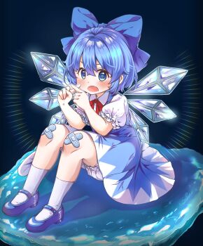 1girl :o absurdres bandaid bandaid_on_knee bandaid_on_leg bare_arms bloomers blue_bow blue_dress blue_eyes blue_hair blue_shoes blush bow cirno collared_shirt commentary_request crossed_bandaids detached_wings dress fairy frilled_sleeves frills full_body hair_bow highres ice ice_wings knees_up looking_at_viewer mary_janes motchida multiple_wings neck_ribbon pinafore_dress puffy_short_sleeves puffy_sleeves red_ribbon ribbon shirt shoes short_hair short_sleeves sitting sleeveless sleeveless_dress socks solo touhou underwear white_bloomers white_shirt white_socks wings x_fingers
