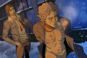 bdsm beard_stubble belt bite_mark blonde_hair briefs bulge chest_hair cigarette coat collar colored_eyelashes commentary curly_(mouthwashing) curly_(pre-crash)_(mouthwashing) english_commentary erection erection_under_clothes facial_hair hairy highres holding holding_leash jacket jimmy_(mouthwashing) leash leg_hair male_focus male_underwear mouthwashing navel_hair nipple_piercing nipples nose pants pet_play piercing public_indecency ren_valentine shirt stubble trench_coat underwear walking white_eyelashes yaoi