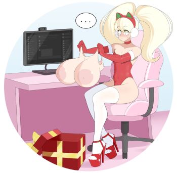 ... 1boy animal_ear_headphones animal_ears blonde_hair blush box breast_padding bulge cat_ear_headphones cat_ears chair choker crossdressing desk elbow_gloves fake_animal_ears gift gift_box gloves headphones high_heels leotard long_hair male_focus monitor office_chair original red_choker red_gloves sealguy shoes sitting strappy_heels sweatdrop swivel_chair thighhighs trap twintails webcam white_thighhighs