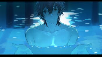 1boy absurdres closed_mouth collarbone grey_hair hair_between_eyes highres i&#039;ll_teach_you_everything_(chainsaw_man) letterboxed looking_at_viewer male_focus nijisanji nijisanji_en nude partially_submerged ryoma_barrenwort scene_reference short_hair smile solo wet xhkkal yellow_eyes