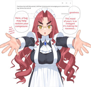 1girl apron breasts conto dress drill_hair english_text franchesca_(conto) frills glasses hug_invitation large_breasts long_hair long_sleeves looking_at_viewer maid maid_apron original outstretched_hand parted_bangs red_hair request_inset sidelocks speech_bubble straight-on thick_eyebrows white_background yellow_eyes