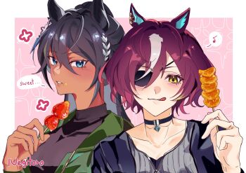 2girls :q animal_ear_piercing animal_ears apple apple_slice black_choker black_hair black_jacket black_shirt blue_eyes border casual choker collarbone colored_inner_hair commentary_request crumbs diamond_choker english_text expressionless eyelashes eyepatch food fruit green_jacket grey_hair grey_shirt hair_between_eyes hair_bun half_updo happy height_difference highres holding holding_food holding_skewer hood hood_down hooded_jacket horse_ears horse_girl jacket laurel_crown light_blush long_hair long_hair_between_eyes loose_hair_strand multicolored_hair multiple_girls musical_note negitoro_0326 open_clothes open_jacket outside_border parted_lips pink_background pink_hair shirt short_hair signature single_hair_bun skewer smile sparkle speech_bubble spoken_musical_note strawberry streaked_hair striped_clothes striped_shirt symboli_kris_s_(casual)_(umamusume) symboli_kris_s_(umamusume) tanino_gimlet_(casual)_(umamusume) tanino_gimlet_(umamusume) tongue tongue_out two-tone_hair umamusume upper_body v-shaped_eyebrows vertical-striped_clothes vertical-striped_shirt very_long_hair white_border yellow_eyes