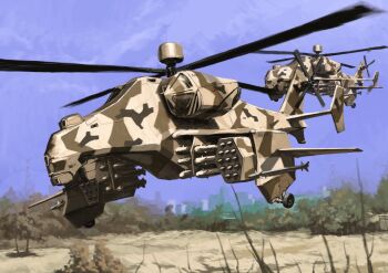 aircraft attack_helicopter blue_sky camouflage desert_camouflage flying gun helicopter highres machine_gun military_vehicle missile_pod no_humans original outdoors sky tyokugekidato vehicle_focus weapon