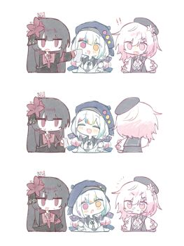 3girls beret black_hair black_hat bow chibi chibi_only fang flower food food_on_face hair_flower hair_ornament handkerchief hat heterochromia highres holding holding_handkerchief jogasaki_noah long_hair looking_at_another mahou_shoujo_no_majo_saiban multi-tied_hair multicolored_hair multiple_girls multiple_views neck_ribbon necktie nikaido_hiro open_mouth pink_eyes pink_hair polka_dot polka_dot_bow red_eyes red_flower red_necktie ribbon sakuraba_ema short_hair smile streaked_hair sweatdrop tsu_(21uwu_) upper_body white_background white_hair wiping_face x_hair_ornament yellow_eyes