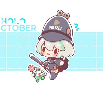 1girl :d absurdres blue_background blush cecilia_immergreen chibi chibi_only commentary decrilus english_commentary full_body green_streaks grey_hair grid_background hat highres hololive hololive_english letterboxed multicolored_hair open_mouth outline outside_border police police_hat police_uniform short_hair smile solo standing streaked_hair virtual_youtuber white_outline