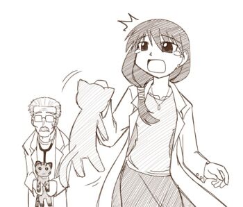 Rule 34 | 1boy, 1girl, aged up, azumanga daiou, biting, brown theme, cat, facial hair, lowres, maya (azumanga), mayaa (azumanga daioh), monochrome, mustache, ponytail, sakaki (azumanga daioh), sketch, sweatdrop, tears